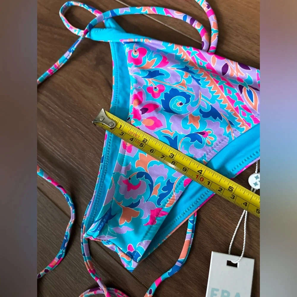 Frankies Bikinis Halo (Bottom Only) Blue Pink Paisley String Bikini Bottoms NWT